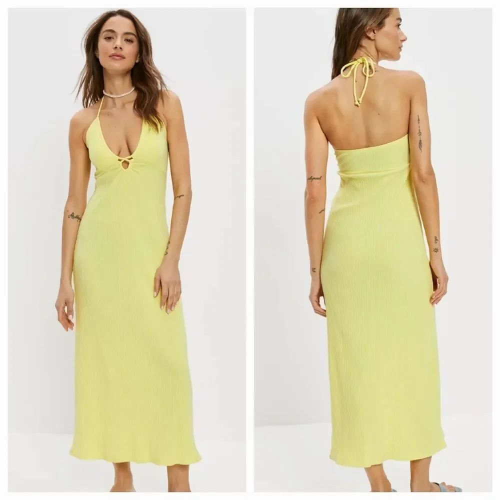 ☔️🔥NWT American Eagle Neon Yellow Deep Scoop Neck Sleeveless Dress Small - Picture 2 of 11
